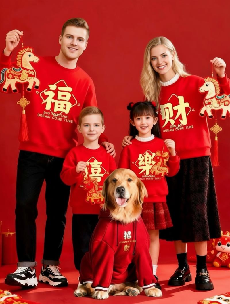 Human and Pet Winter Warm Clothing Family Set in Oriental Festive Red (Consult customer service for other combinations)
