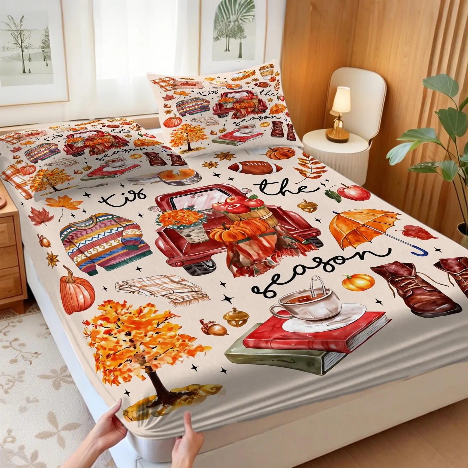 3Pcs Autumn Pumpkin Maple Leaf Print Fitted Sheet Set, No Fillers for Fall‑Loving Adults. This Soft Bed Sheet Set works as a cozy Bedding Set for Bedroom & Guest Room, Creating Warm Cozy Harvest‑Season Atmosphere for Fall Home Decoration