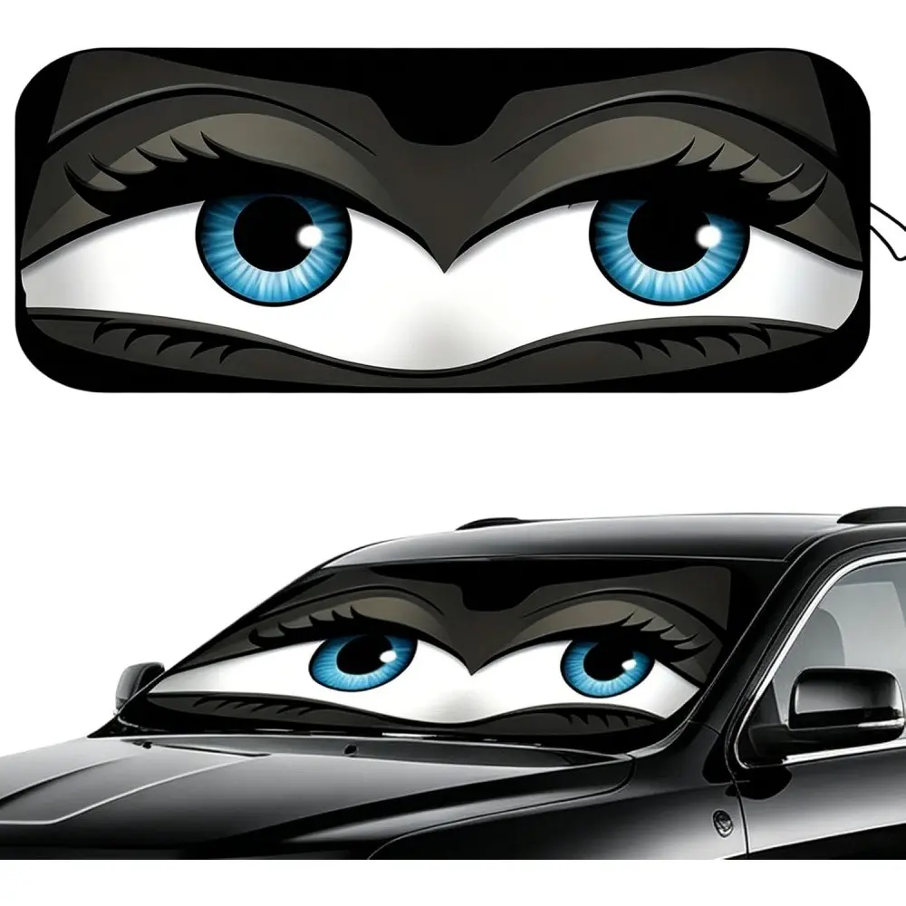 Car Windshield Sunshade Cover, Cute Cartoon Big Blue Eyes, Foldable UV and Heat Shield, Keeps Vehicle Cool, Universal Fit for Cars Suv Trucks, Windscreen Shade Cover
