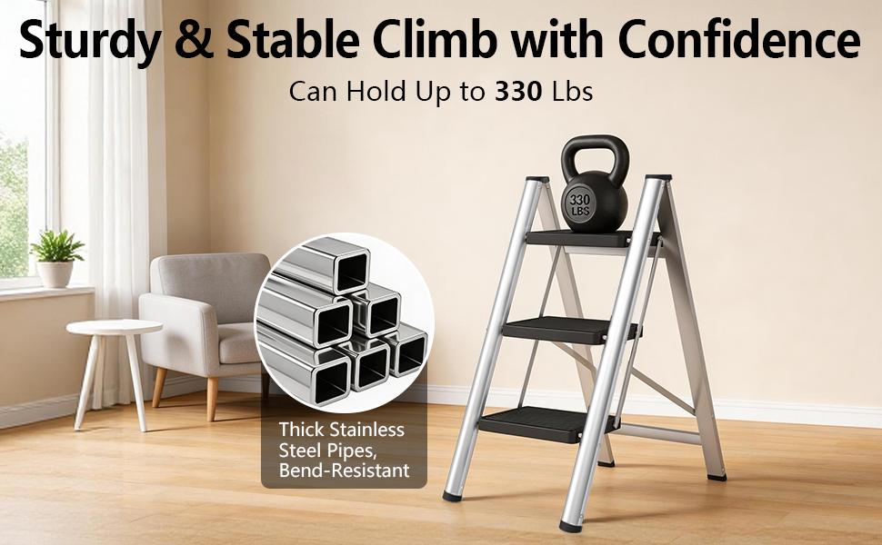 3-Step Ladder, Folding Step Stool for Adults with Wide Anti-Slip Pedals, Portable Step Ladder for Kitchen/Closet/Garage, Steel Multi-use Foldable Stepstool for Home 330 Lbs