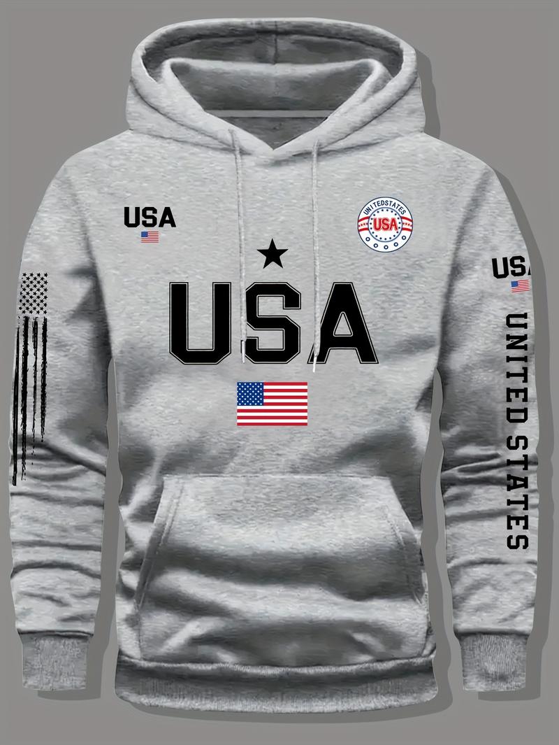 USA flag print hoodie men's fleece sweatshirt, United States letter print unisex casual knit fabric pullover for students and couples fashion hoodie for autumn and winter, 2026 spring pullover hooded sports hoodie