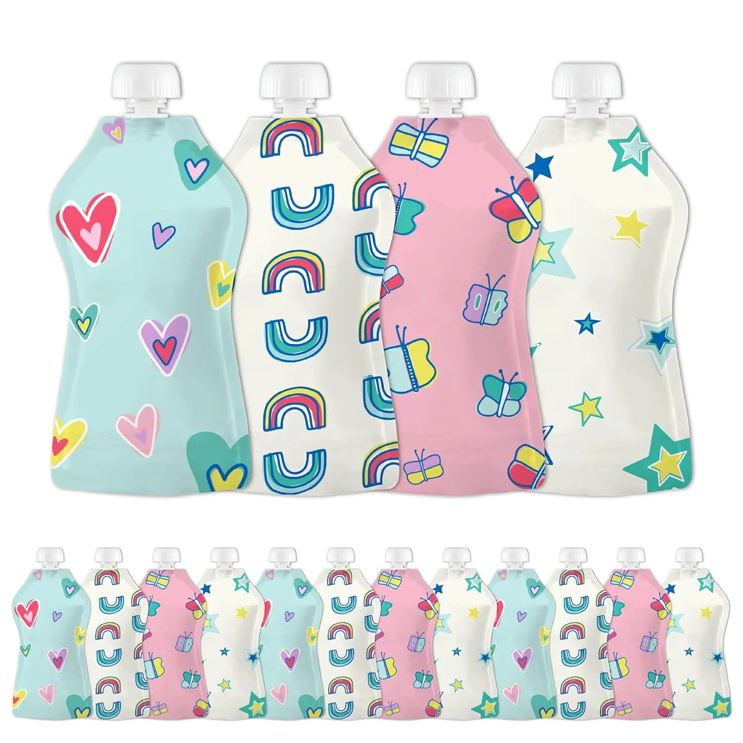 Reusable Baby Food Pouches  Toddlers |     BPA Free Plastic, Food Safe, Freezer Safe |     Refillable  Applesauce Yogurt & Puree Squeeze Pouch |     12 Pack |     5 oz |     Assorted Designs