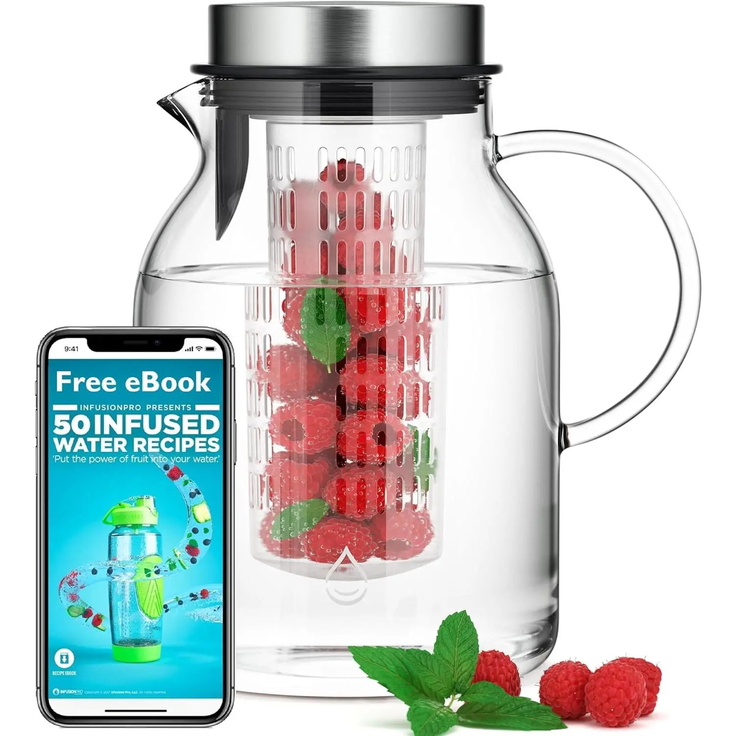 Infusion Pro Glass Fruit Infuser Water Pitcher, Heat Resistant for Hot/Cold Use, Great Iced Tea Pitcher | Tranquil Collection, 2 QtGift.