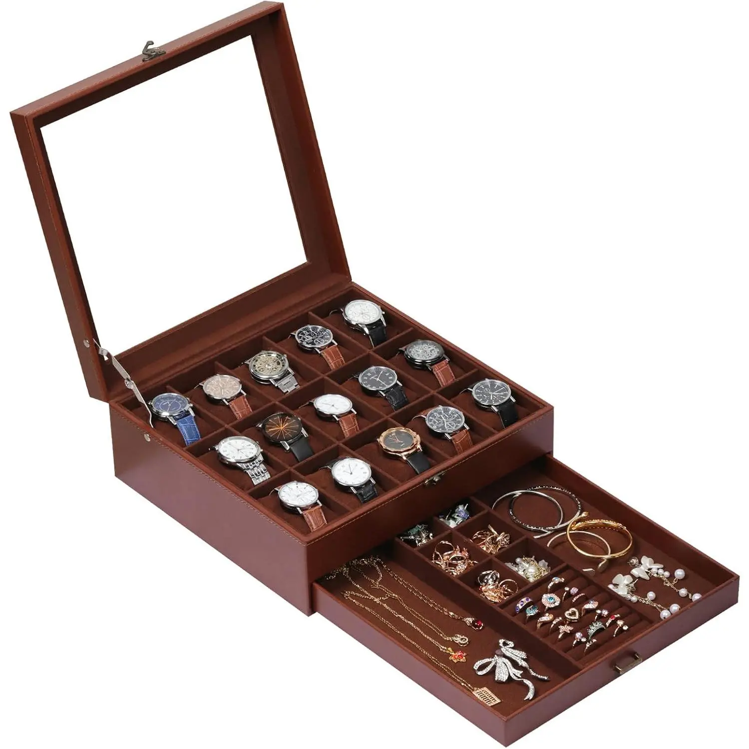 2-Layer Watch Box Organizer with Lock,Holds 15 Watches + ,Drawer for Rings Earrings Bracelets,Large Glass Lid, Soft PU Leather, for Men Women,Coffee,MKAW-133