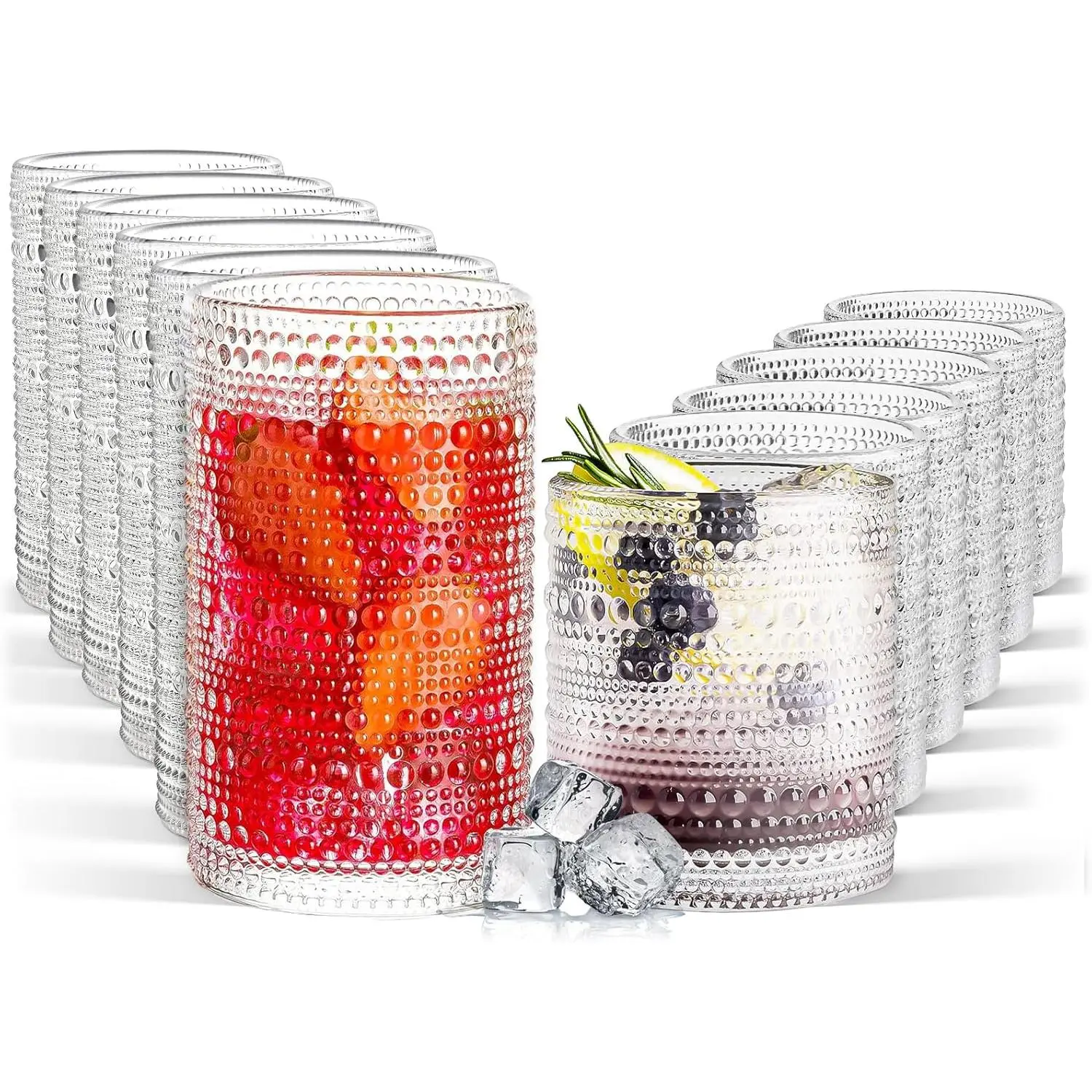 Drinking Glasses Set of 12, 11.8 oz Vintage Glasses Drinking Set & 10 oz Cocktail Glasses Set, Embossed Glass Cups for Kitchen, Beer, Juice, Cocktail, Whiskey, Milk