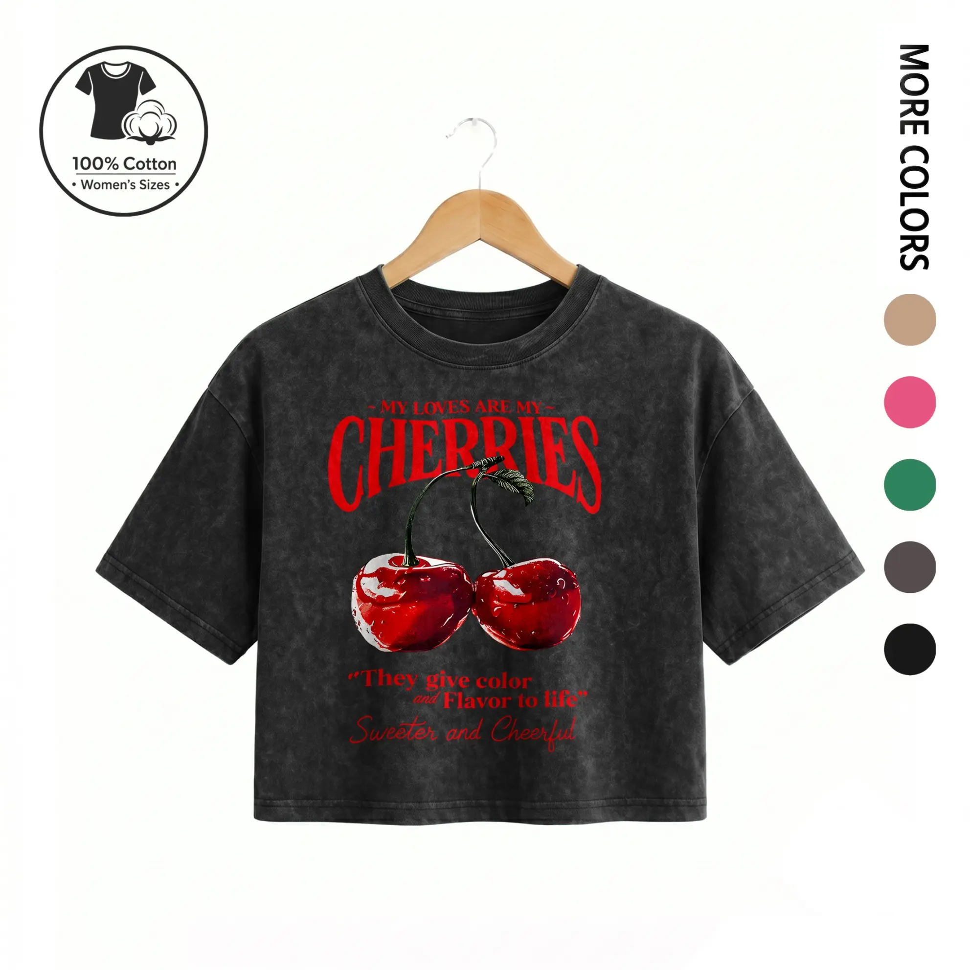 Women’s Y2K 100% Cotton Vintage Washed “MY LOVES ARE MY CHERRIES” Cherry Graphic Cropped Tee, Streetwear Summer Slim Fit Casual Crop Top Shirt