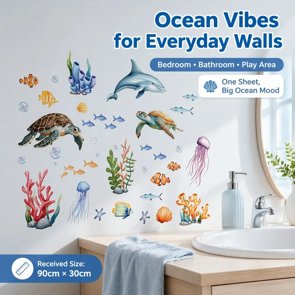 A new hand-painted marine life bathtub sticker, a fun background decorative wall sticker, Ocean Stickers for bathrooms and toilets Bathroom Essentials Accessories, Decorative Stickers (30*90cm) (MS11005-ZY)