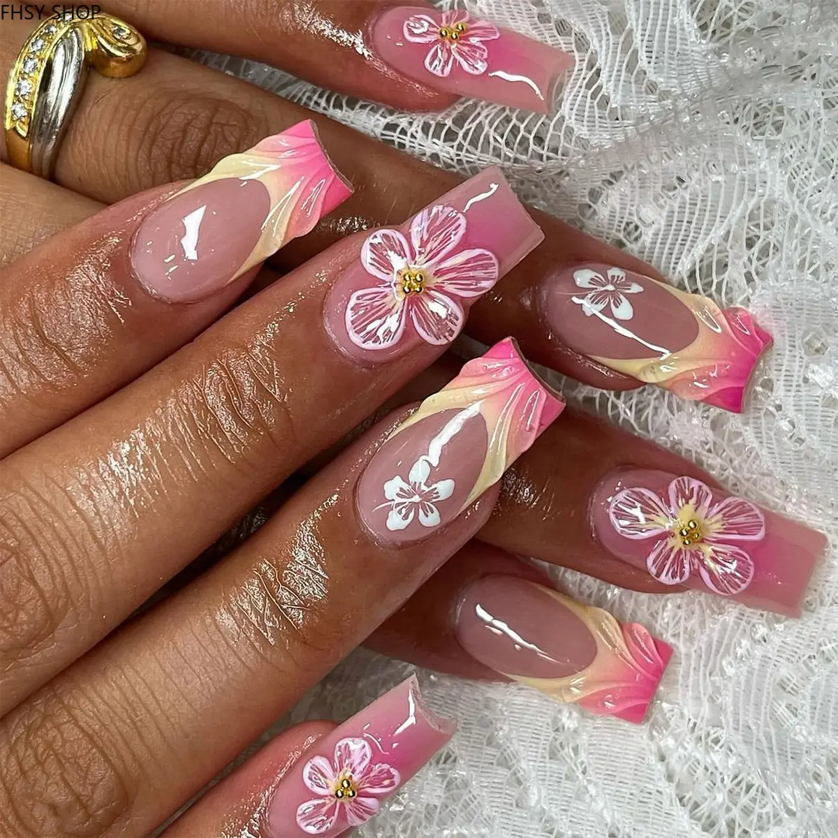 24Pcs Glossy Blush French Press-On Nails with 3D Flowers, Short Square Reusable Fake Nails with Pearl Gloss Top Coat, Complete DIY Manicure Kit for Women, Ideal Gift for Bridal & Spring Looks