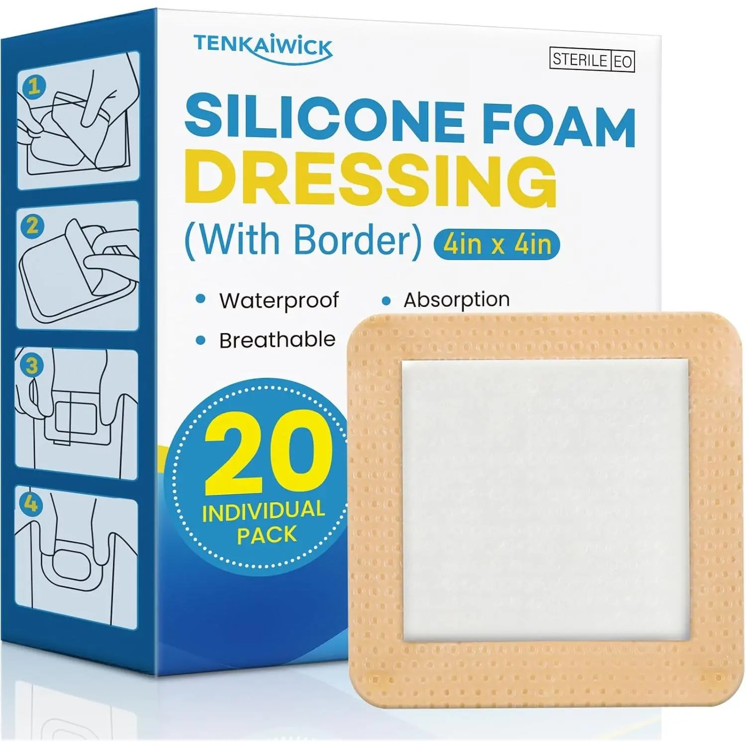 20 Pack Silicone Foam Dressing 4"x4" with Adhesive Border, High Absorbency Silicone Bandages, Waterproof Foam Bandages for Wounds Care, Bed Sore, Diabetic Foot Ulcers