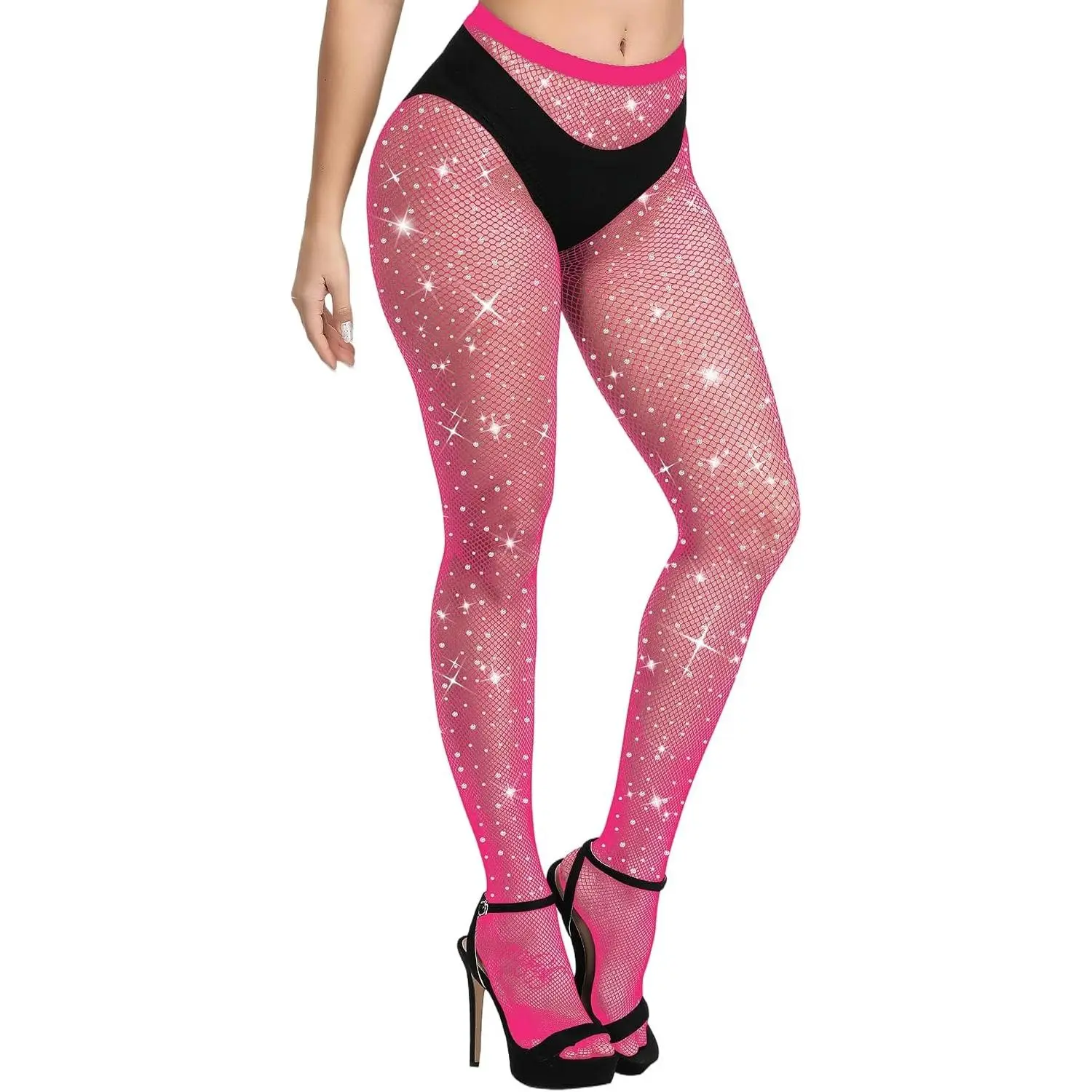Fishnet Rhinestone Tights for Adults, Sparkly Reinforced High Waist Stockings for Party(Gift)