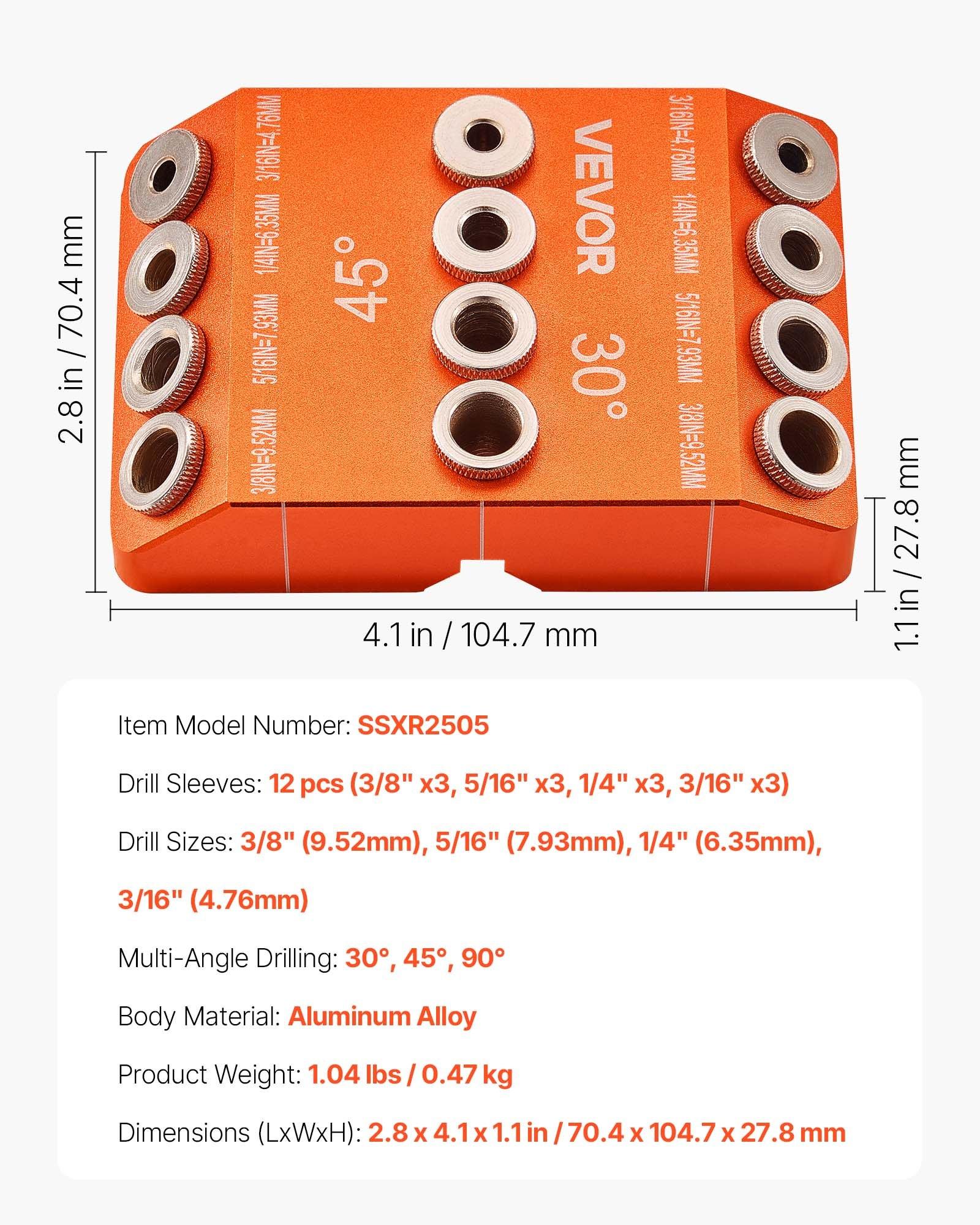 VEVOR Drill Guide, 30/ 45/ 90 Degree Angle 4 Sizes Portable Precision Drilling Guide Jig, for Drilling Angled or Horizontal Holes, Aluminum Alloy, for Deck Cable Railing Wood Post Stair Handrail