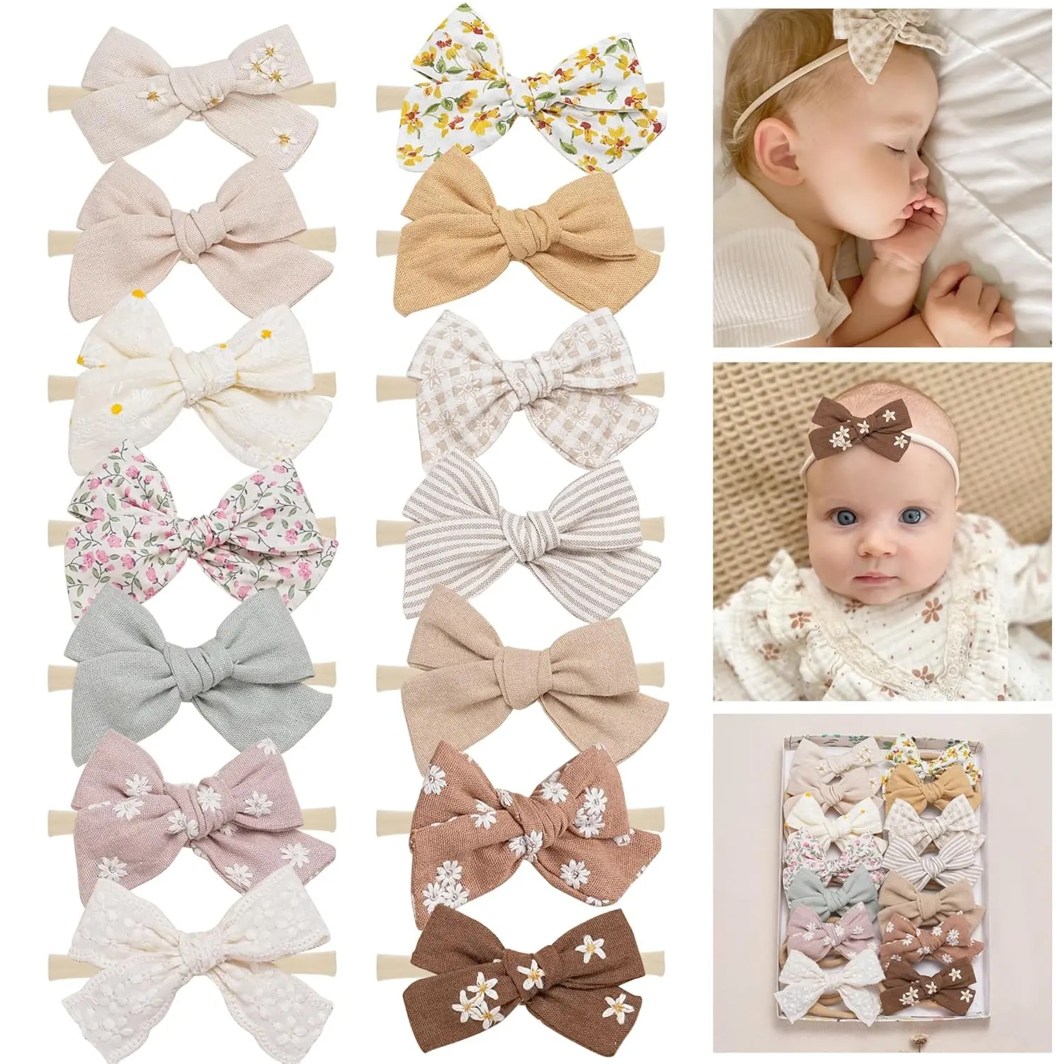 14 Pcs Stretchy Soft Nylon Baby Hair Bows and Headbands for Newborns, Infants & Toddlers - Handmade Hair Accessories Gift for GirlsGift