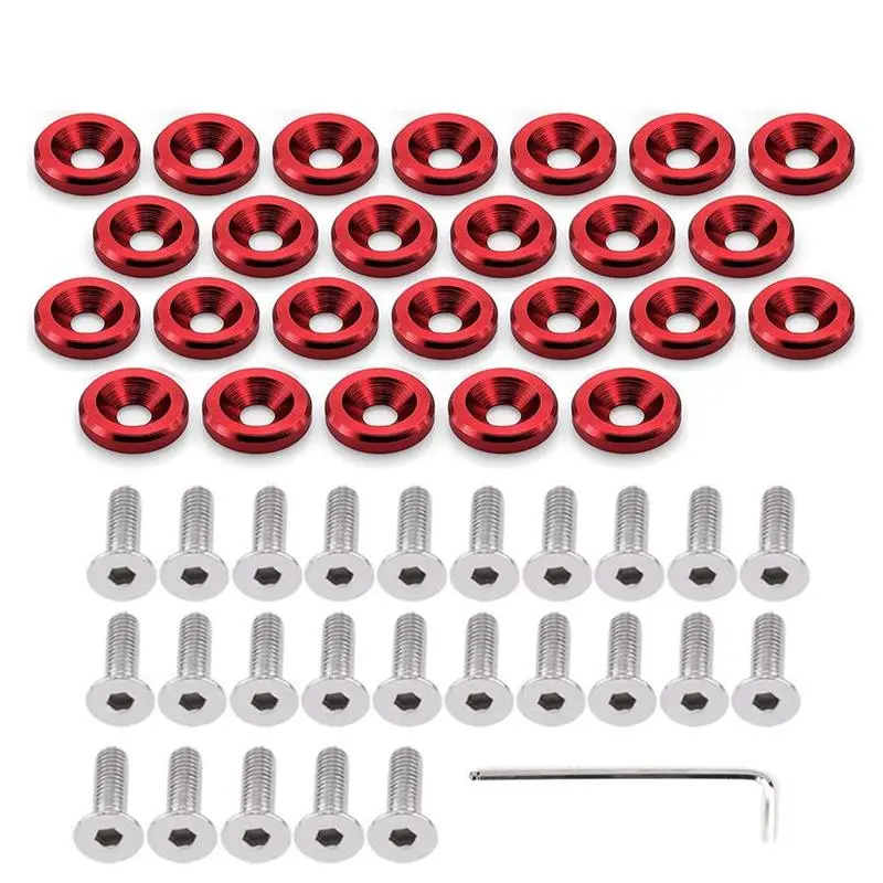 25 Pcs Aluminum Alloy Fender Bumper Washer Bolt Kit, 6061 T6 Grade M6x20mm CNC Machined Finishing Fasteners, Red Engine Bay Dress Up Parts with Hex Key, Includes Hex Key