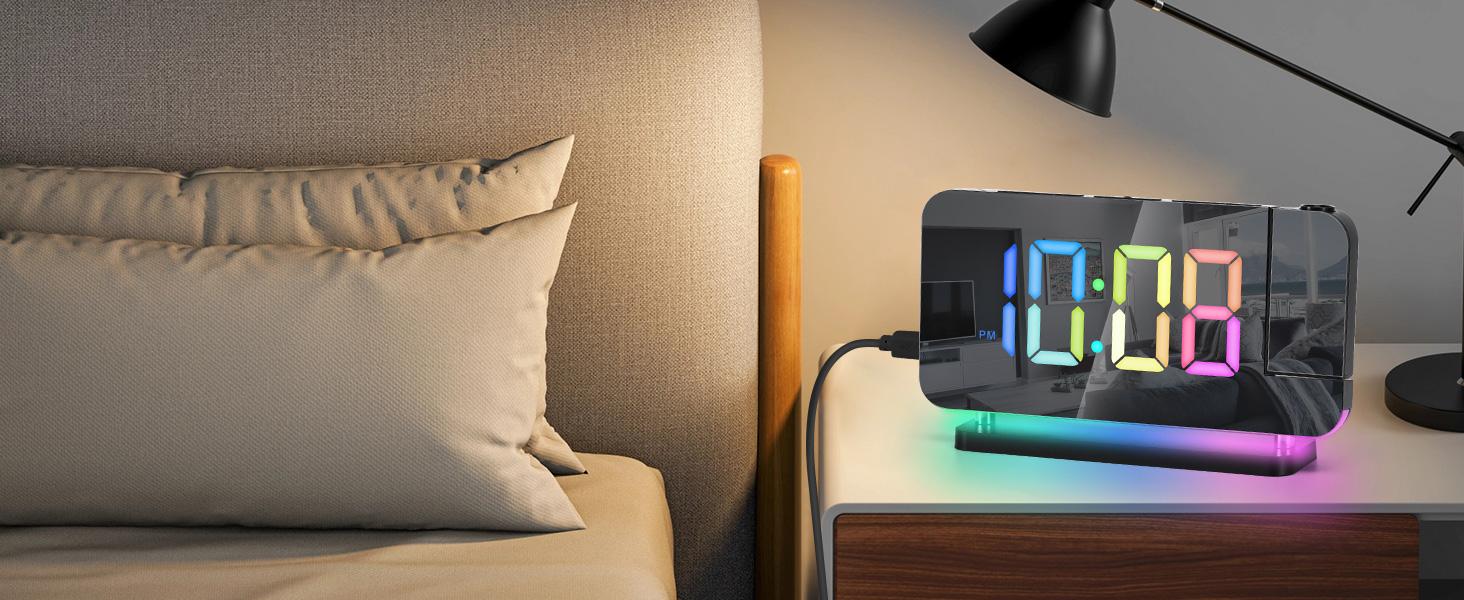 STANDARD GOODS 3C9--MPP024   Projection Alarm Clock, 7.4 in Digital Mirror Clocks,with 180° Rotatable Projector, RGB Night Light,USB C Charger Port, Auto Dimmer, LED Desk Clock for Bedroom - Black