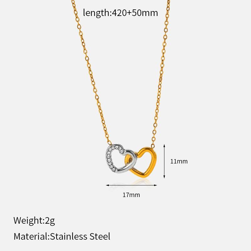 Two-Tone Double Heart Necklace for Women, High-End Luxury Pendant, Stainless Steel with Diamond Inlay, Heart-Shaped European and American Style Jewelry
