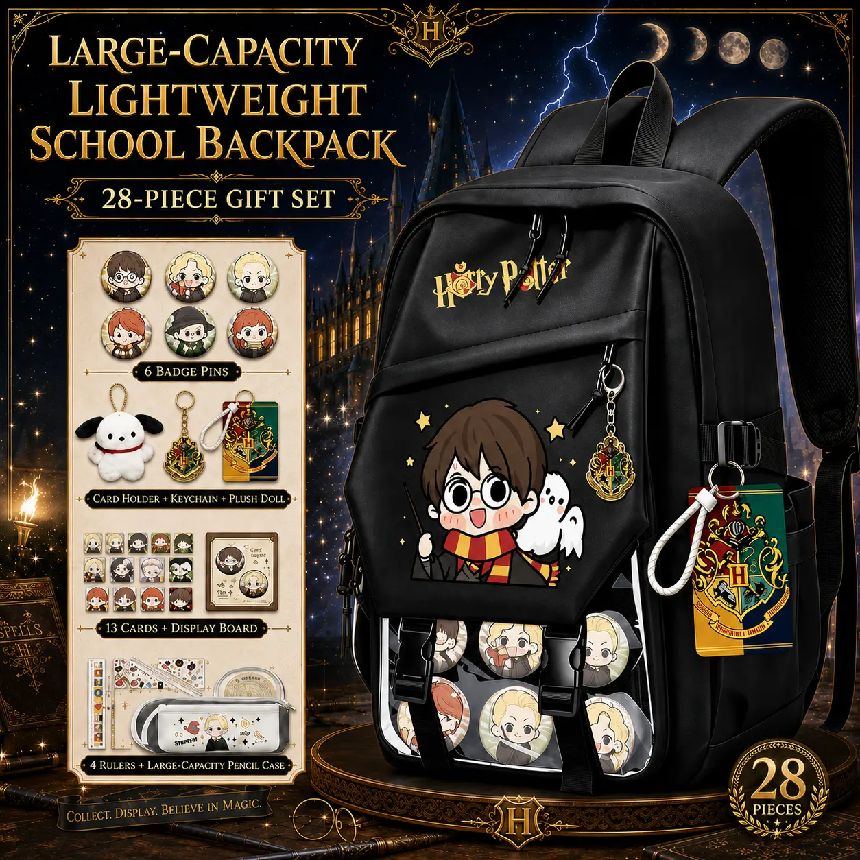 Harry Potter Backpack, Large Capacity School Bag, Cartoon Graphic Print, Clear Badge Display Pocket, Multi-Zip Compartments, Padded Shoulder Straps, Student Bookbag for Teens, Travel & Cosplay Gift,bookbag,school backpack, multiple style,pencil bag,Mini,,