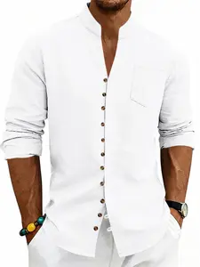 Men's Loose Fit Linen Shirt, Casual Long Sleeve with Pockets, Rollable Hem, All Seasons, Solid Color, Essential Men's Clothing