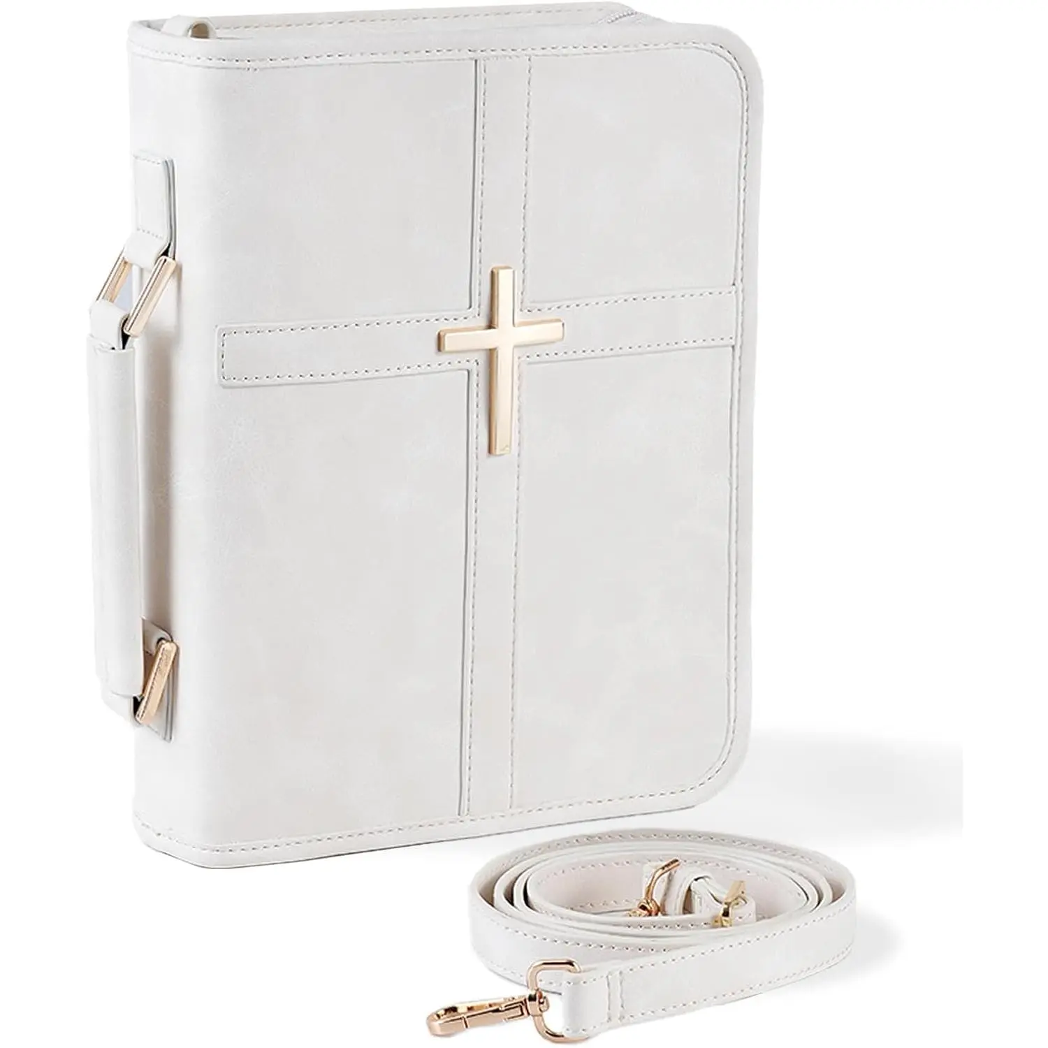 Women's Vegan Leather Home Storage Organizer Bag - Modern Metal Layering, Cross Symbol, Zip Closure, Multiple Pockets, Adjustable Strap, Christian Box Packaging (White)