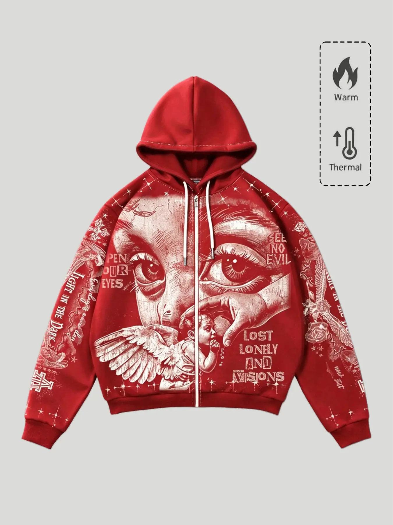 Dark Gothic Eye Print Zipper Hoodie, American Streetwear Vintage Loose Fit Sweatshirt, Casual Cartoon Pattern Outerwear for Men, Spooky Graphic Sweatshirt