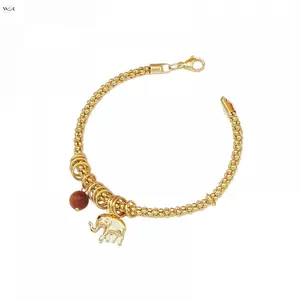 Women's/Girls' Gold Tone Elephant Charm Wire Wrapped Bracelet - Red Glitter Bead Ball Chain, Lucky Spiritual Animal, Lightweight, 19cm, 7.9g, Adjustable Boho Fashion Jewelry Gift for Daily Wear, Women/Girls