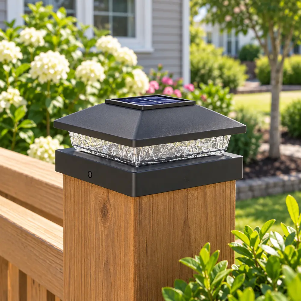 6-Pack Solar Post Cap Lights, designed for 4x4 wood posts with actual 3.5 x 3.5 inch caps and 4x4 vinyl post caps, ABS housing with IP64 waterproof rating, each light uses 8 warm white LEDs and a 400 mAh battery