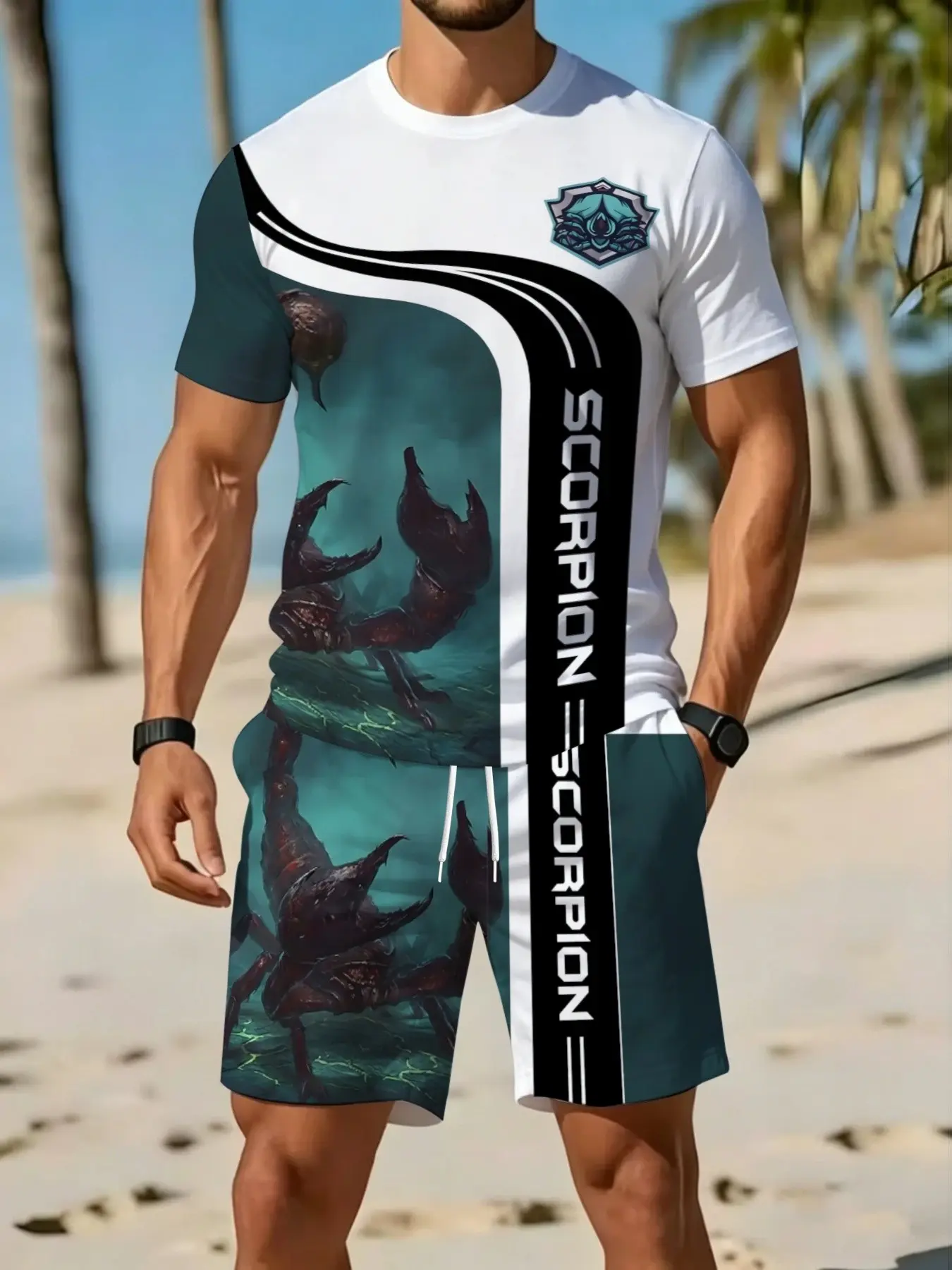 Men's Short Sleeve T-Shirt Set, Menswear, Geometric Print, Casual Sporty Style, Activewear, Breathable Outdoor Wear, Summer 3D Print, Adult Size