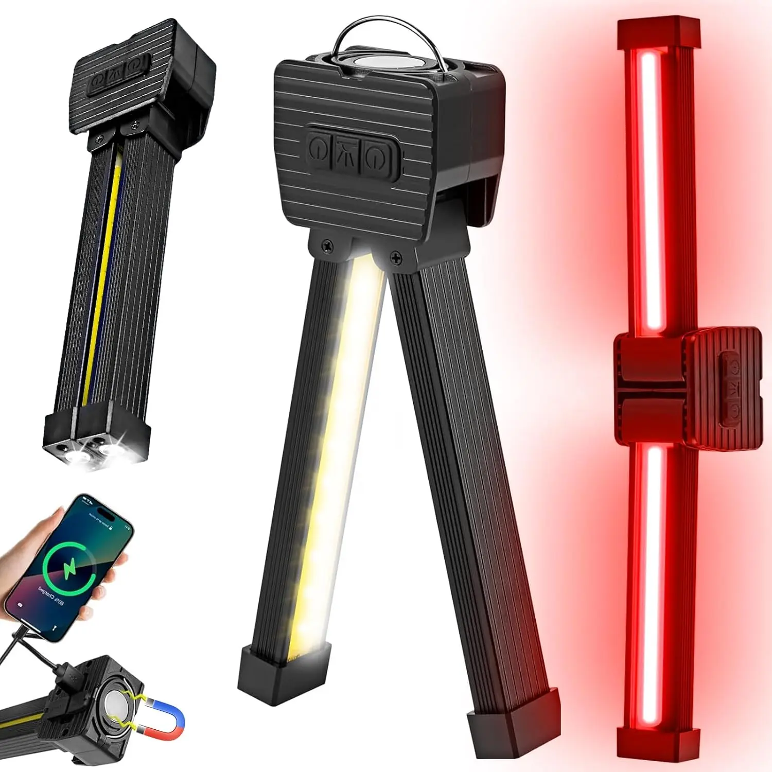 Gym Lamp, Portable Gym Lighting for Posing, Magnetic Work Light Rechargeable, 180°Rotate Foldable Camping Lamps with Hang Hook, Hiking Handheld LED Flashlight - Black