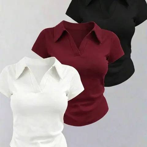 Women's 3-Piece Set, Polo Neck Knit V-Neck T-Shirts, Slim-Fit, Chic Everyday Casual Short Sleeve Tops, Y2K Style, Multiple Colors, Versatile Fashion