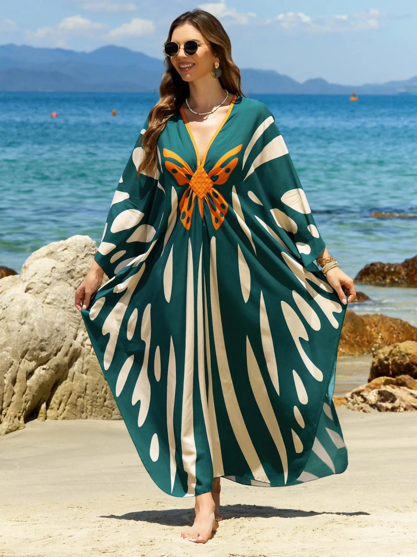 Women's Boho Kaftan Beachwear, Butterfly Print Loose-Fit Sun Protection Cover-Up, Handwoven Dark Middle Eastern Robe, All Seasons