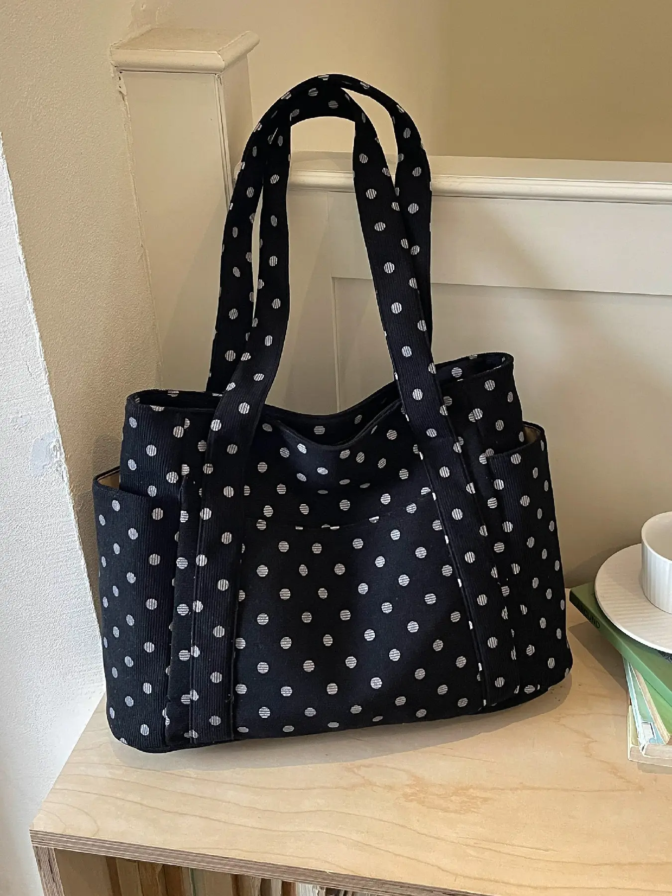 Retro minimalist polka dot pattern multi-pocket daily commuter tote bag, women's casual daily commuting easy-to-match shoulder bag