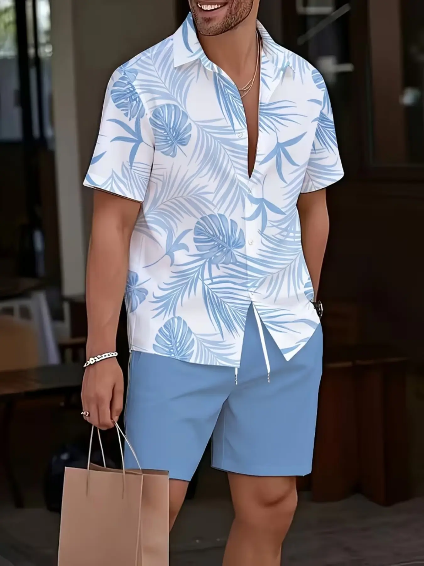 Men's 3D Fashion Summer Tropical Print Collar Shirt Set, Comfortable Short Sleeve Shirt with Pocket Drawstring Shorts