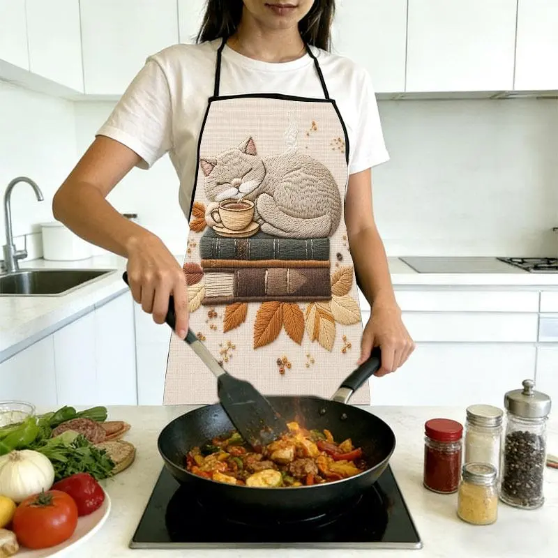 Cozy Whimsical Embroidery Apron, Light Gray Curled Sleeping Cat Around Teacup & Stacked Books Design with Autumn Leaves Details, Multiple Specifications Available, Ideal for Home Kitchen Cooking & Baking Daily Use