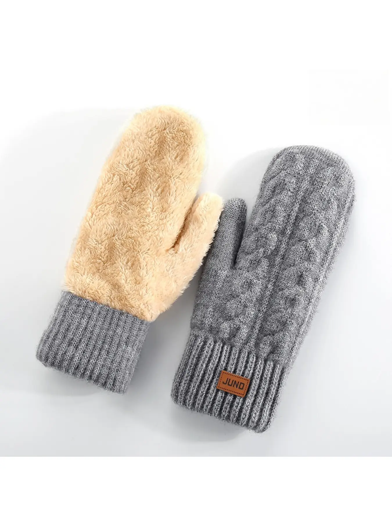 Warm knitted full-finger women's mittens with fleece lining for autumn and winter, thermal outdoor cold-proof mittens for men and the elderly
