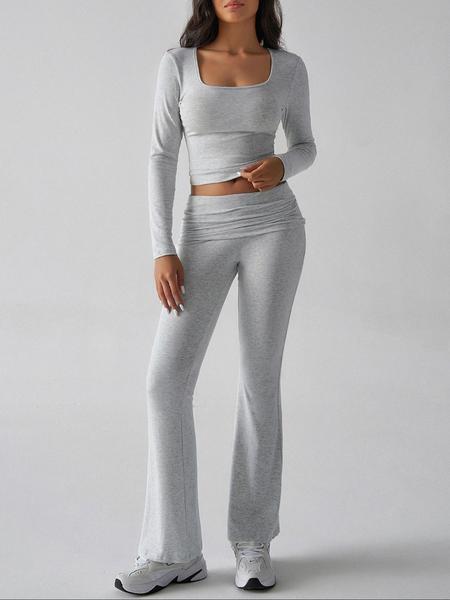 Women's Solid Color Square Neck Crop Tee & Flare Leg Pants Two-Piece Set, Casual Fashion Cozy Two Piece Outfits for Daily Outdoor Wear