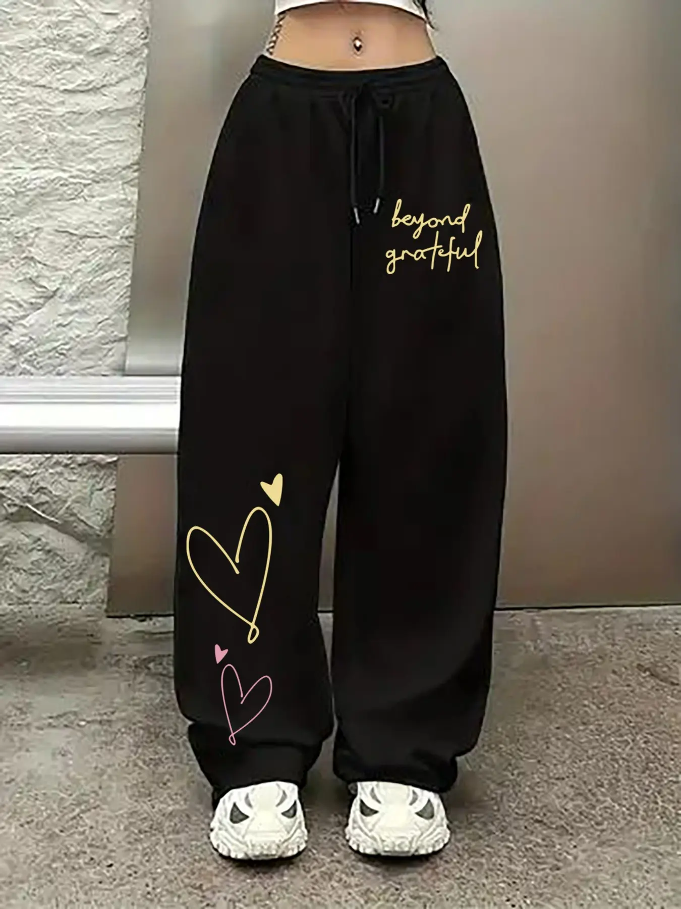 Y2K Sweet Girl Coquette Wide Leg Oversized Sweatpants, High Waist Drawstring Loose Fit, English Slogan Print, American Street Style, Comfortable Long Pants