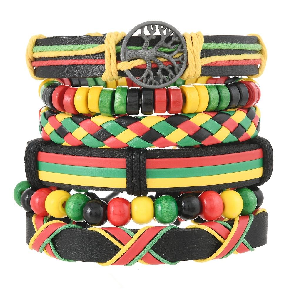 6Pcs Juneteenth Bracelets Set Handmade Retro Geometric Pattern Faux Leather Wristbands Colorful Multi-Layered Bohemian Synthetic Stone Adjustable Jamaican Style Bracelets Stackable Bangle