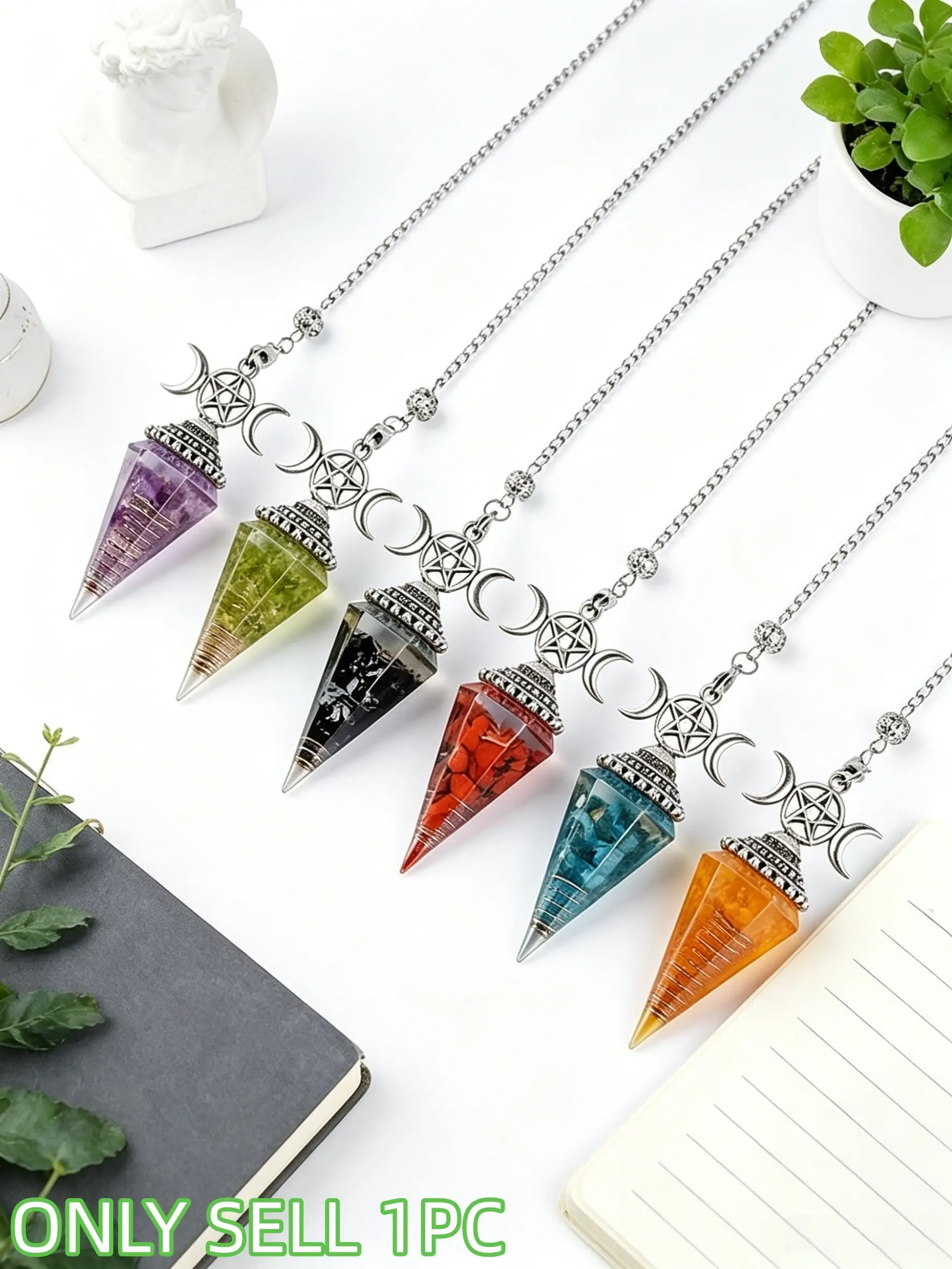 1pc Natural crystal pebble chip three-phase pentagram five-pointed star ancient silver spirit pendulum pendant, meditation chakra balance energy spiritual healing crystal divination pendulum, Tarot card magic and witch yoga spiritual aura decoration item
