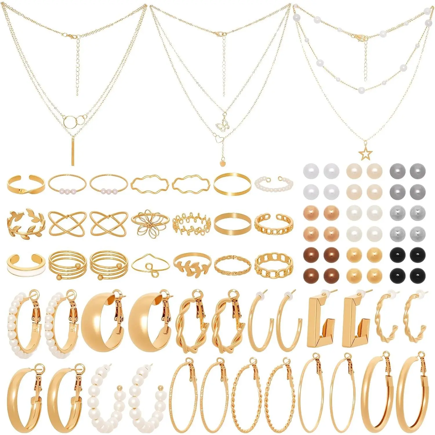56 count  Costumes Accessories Set for Women Layered Necklace Knuckle Rings Dainty Earrings Fashion Costume  Set for Valentine Anniversary