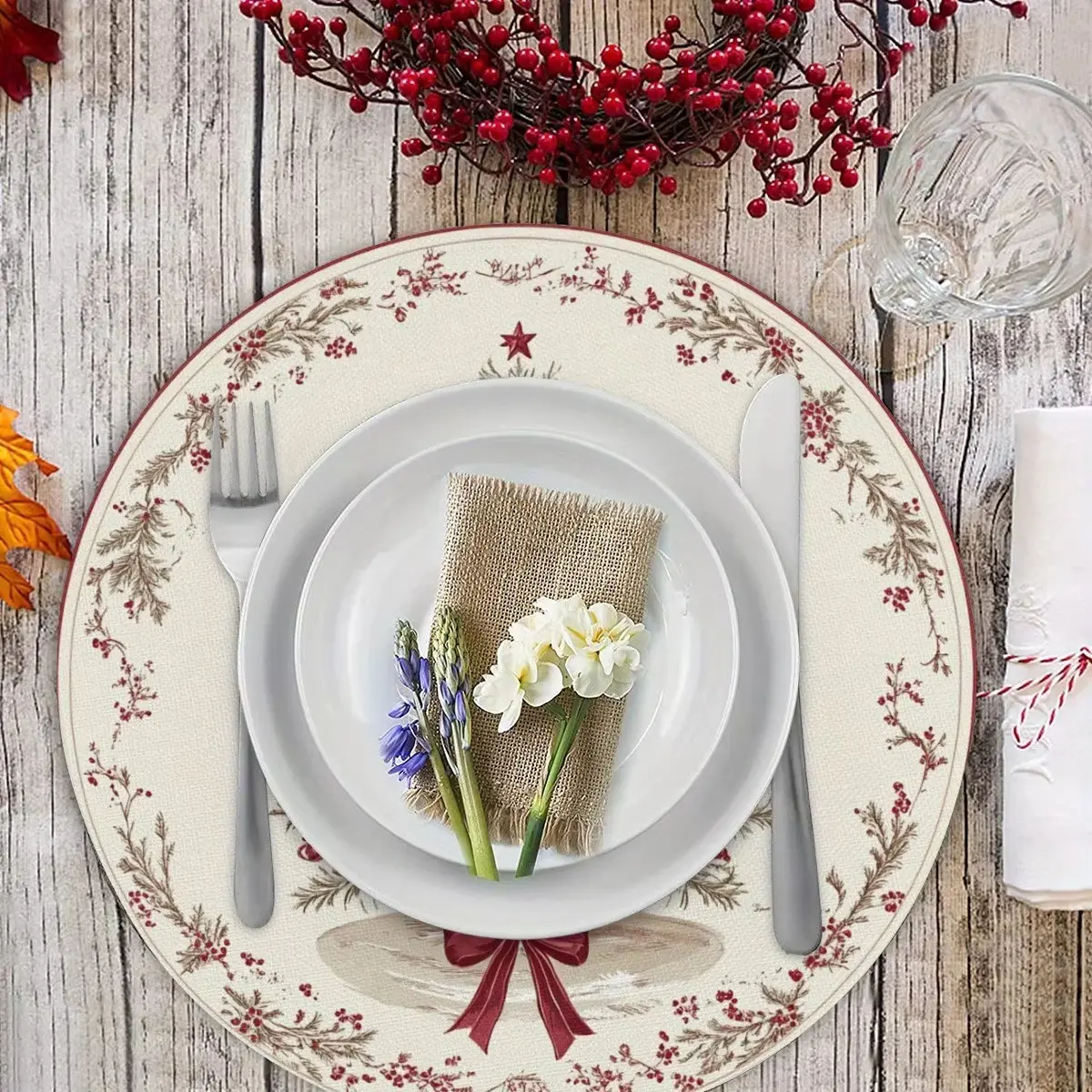Vikama 4pcs Christmas Tree Wreath Placemats, Holiday Party Table Decorations, Festive Dining Accessories, Perfect for Christmas Celebrations