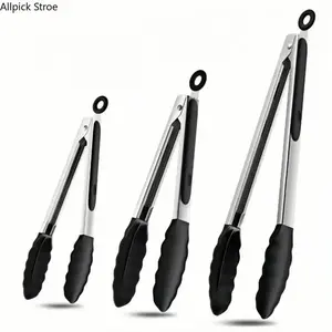 Stainless Steel Silicone Kitchen Tongs for Cooking, Serving Food, Salad, Bbq, Grill, Pan Protecting Tong with Silicone Tip, Heat Resistant airfryer accessories, 7" 9" & 12 inch, Set of 3, Black