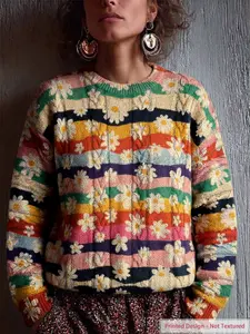Women's Knitted Long Sleeve Crew Neck Fitted Pullover Sweater, Printed Bohemian Rustic Vintage Print, Ribbed Knit Casual Vibe, Soft Comfortable Stretchy Fabric, Perfect for Daily Wear, Home Casual Wear, All Seasons Warm Cozy Sweater