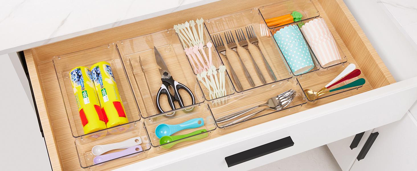 25 PCS Clear Plastic Drawer Organizers Set, 4-Size Versatile Bathroom and Vanity Drawer Organizer Trays, Storage Bins for Makeup, Bedroom, Kitchen Gadgets Utensils and Office