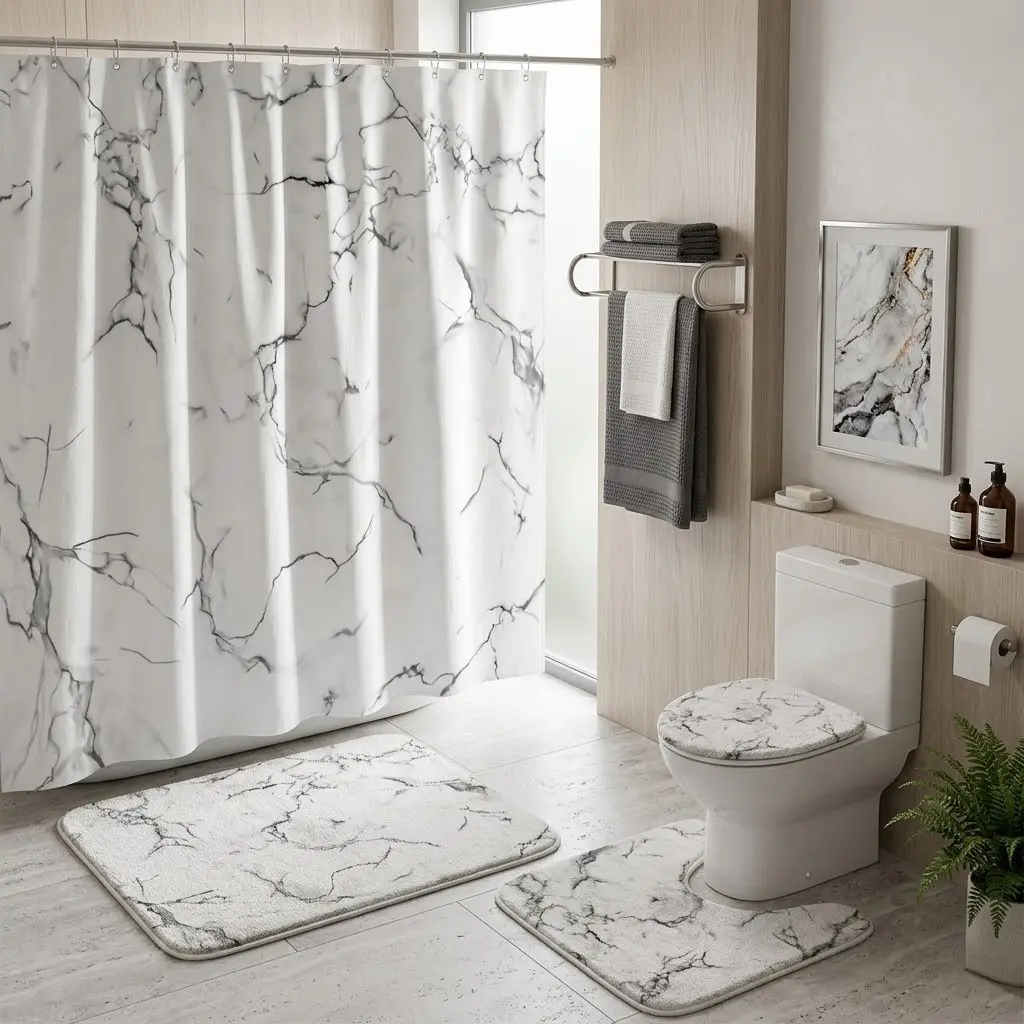 4pcs Elegant and Marble Bathroom Decor Set, Shower Curtain Sets and Luxurious Bath Mats, Modern Home Aesthetic, Holiday Refresh, Shower Curtain Set For Bathroom