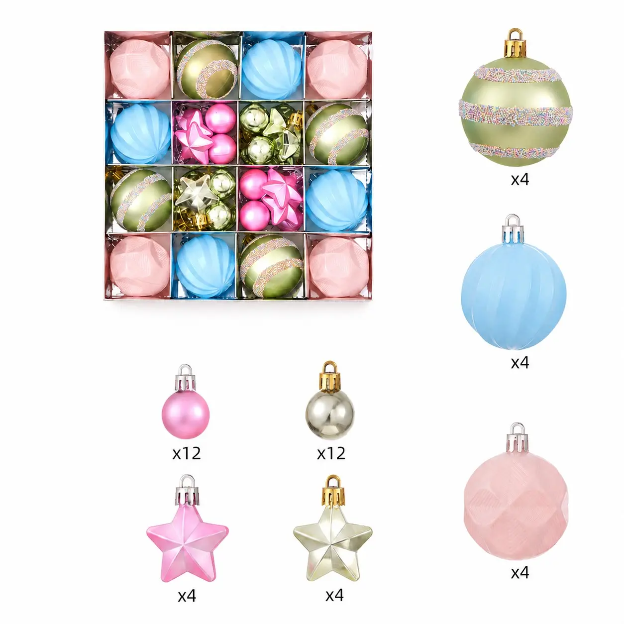 Macaron Color Christmas Tree Decoration Ball Gift Set, 44pcs Colored Hanging Balls Star Ornaments, Holiday Home Party Decorations