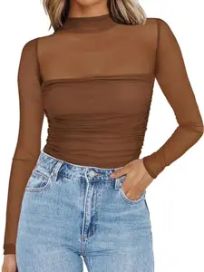 Women's Long Sleeve Bodysuit, Contour Turtle Neck Ruched Mesh Shapewear, Slim-Fit Casual Tops for All Seasons, Elegant Basic Tops,Premium Seamless Tops for Evening Wear & Trendy Outfits,holiday haul 2025,Christmas Gift Idea,Christmas outfit ideas