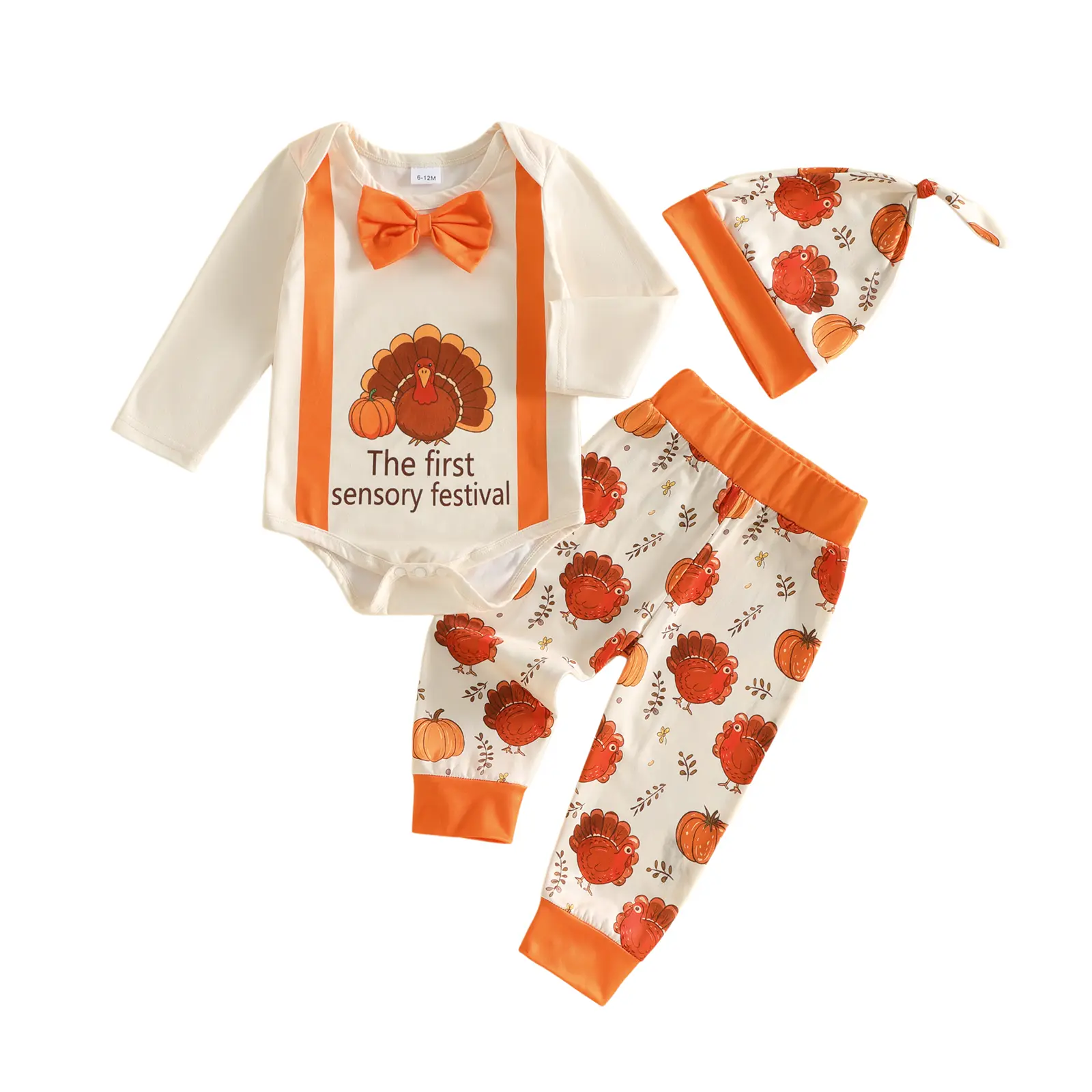 Infant Baby Boy Thanksgiving Outfits Pumpkin Turkey Print Long Sleeve Bowtie Romper Pants and Hat Set 0-18 Months