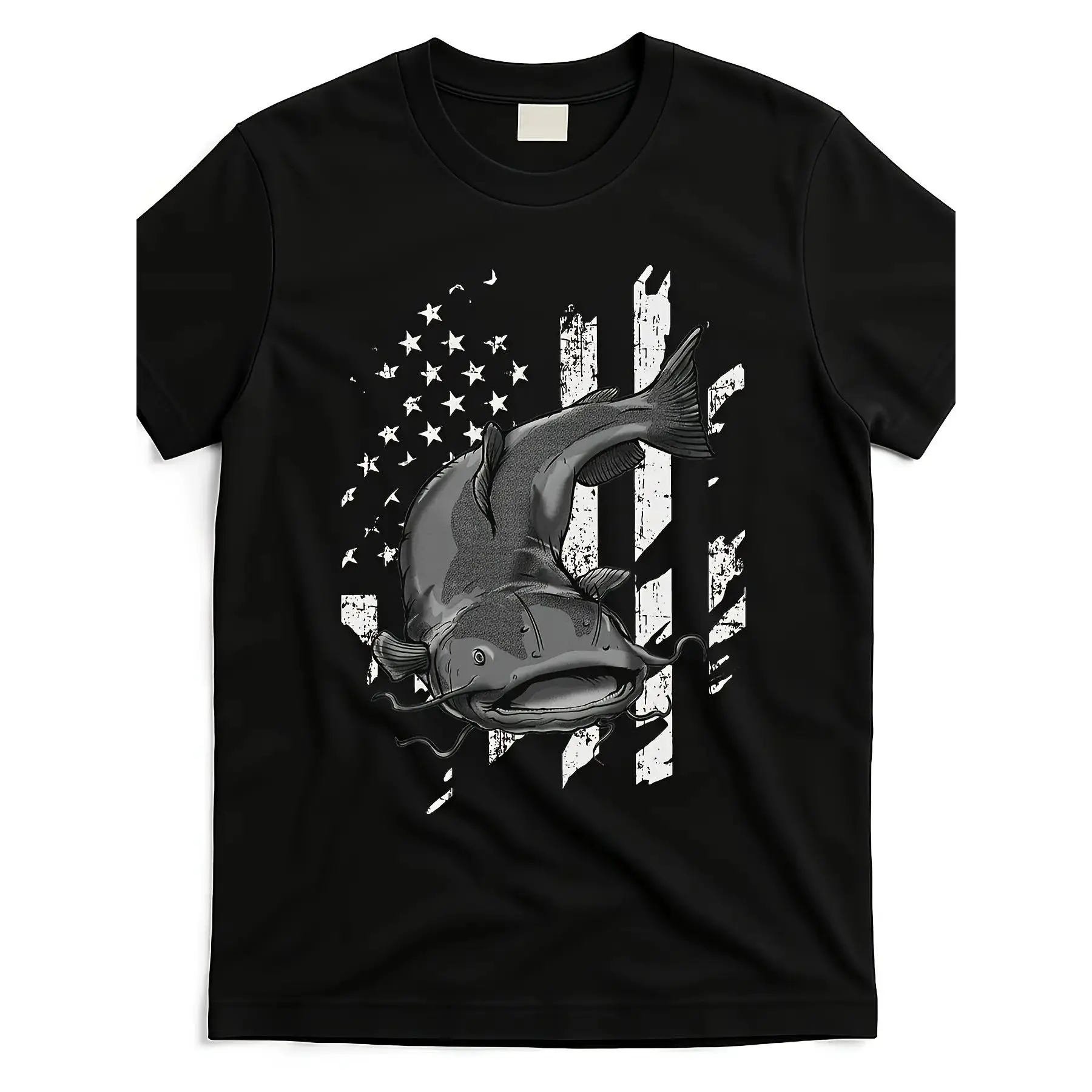 American Flag Catfish Angler T-Shirt |     Patriotic Fishing Graphic Tee Soft Breathable Crew Neck Shirt for Men & Women Vintage Americana Apparel for Independence Day Fishing Trips & Everyday Wear
