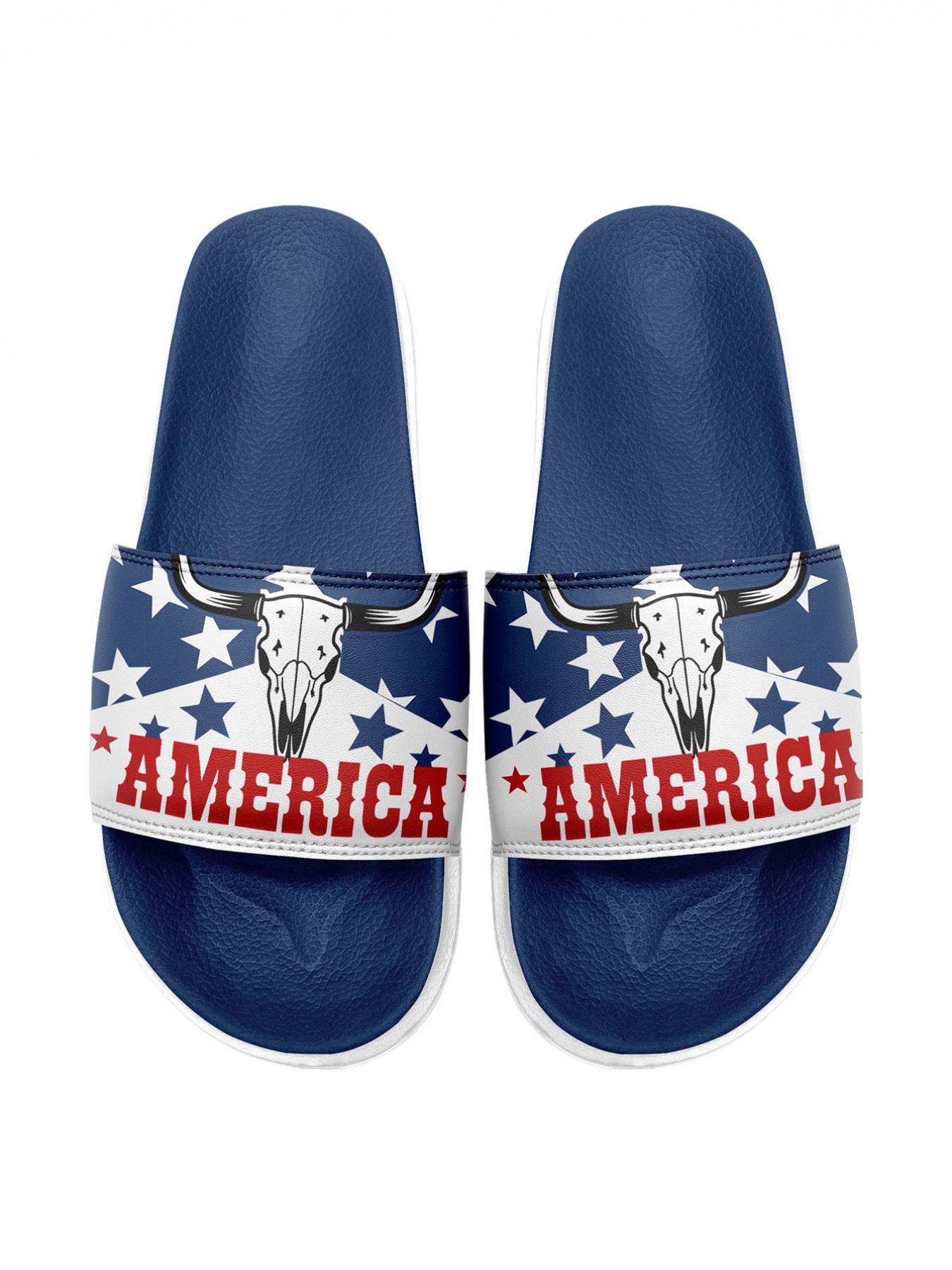 Men's Fashionable Random American Flag Print Slides, Casual Comfortable Durable Slides for Summer, Lightweight Breathable Slides for Beach & Streetwear, Footwear, Lightweight Slipper