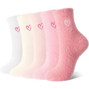5 Pairs Bow Fuzzy Slipper Socks  Women Cozy Soft Fluffy Slipper Warm Winter Thick Home Sleeping Gradient