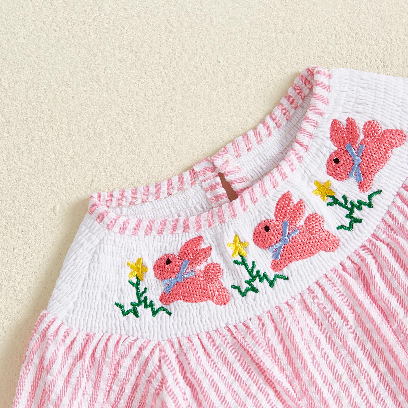 Easter Sister Matching Clothes Toddler Girl Easter Romper/Dress Short Puff Sleeve Stripes Print Smocked Bodysuit/Dress